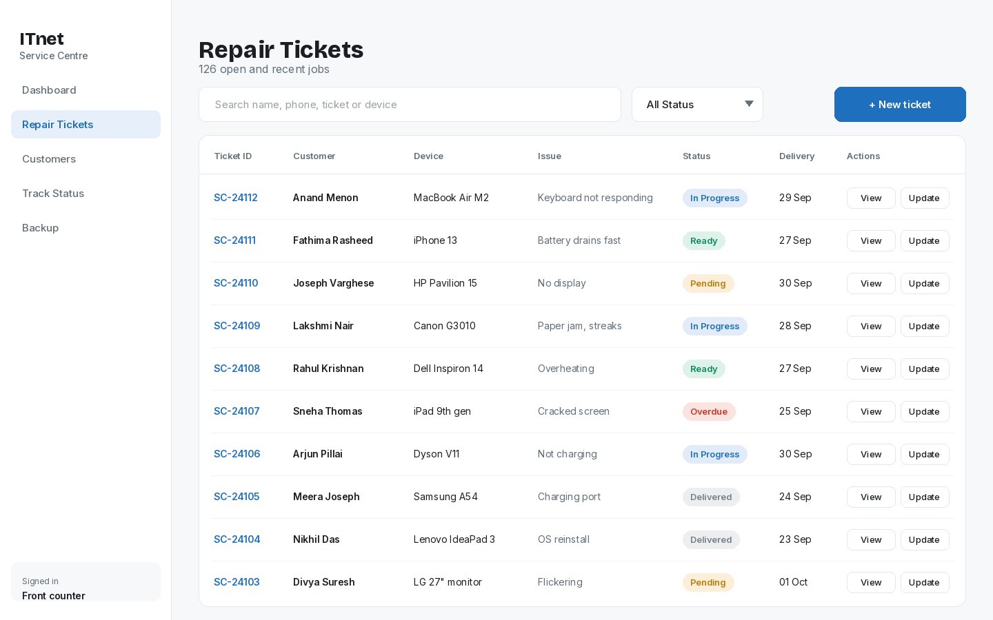 Repair tickets list with search, status filter and actions