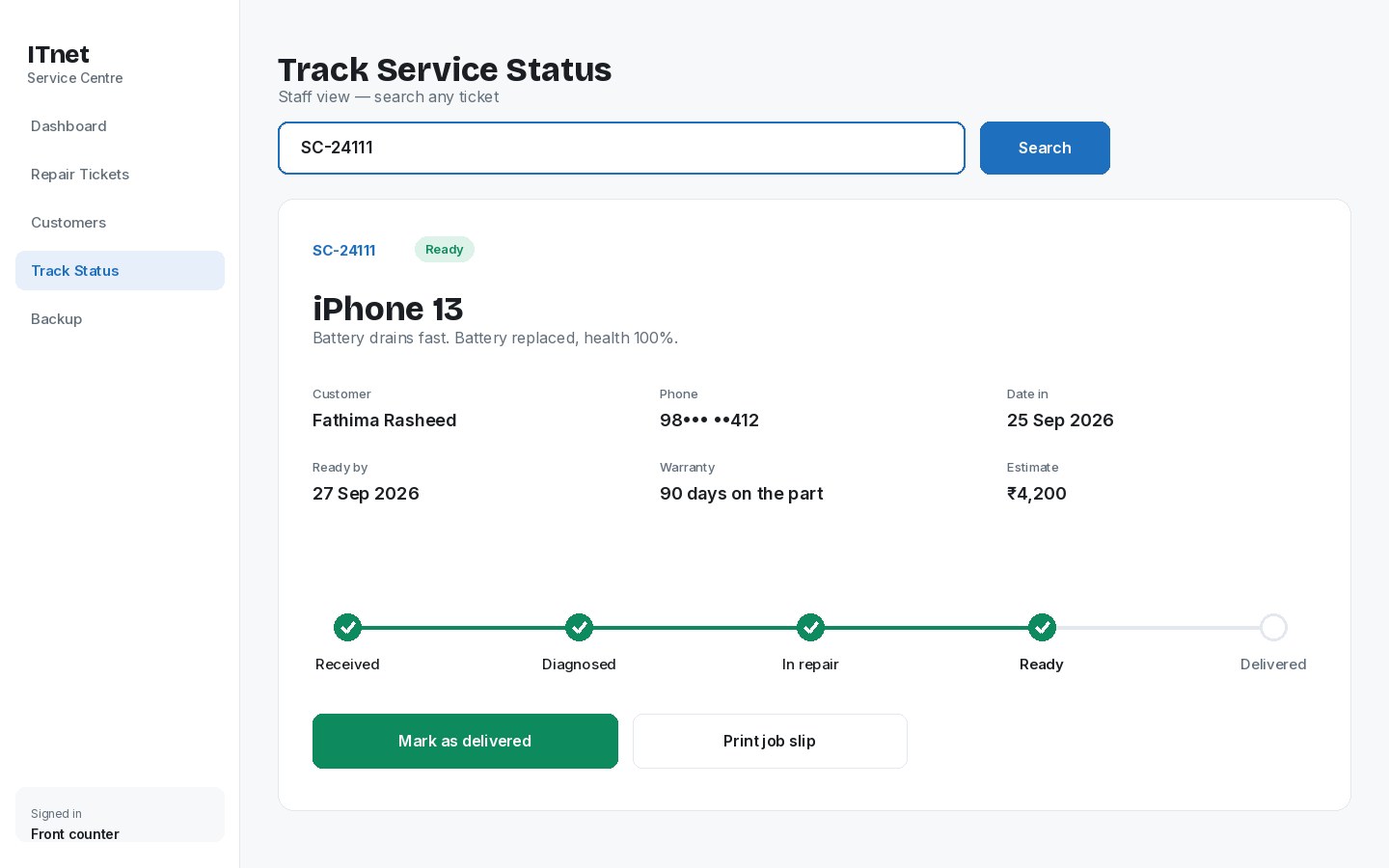 Ticket status view with progress steps, warranty and estimate