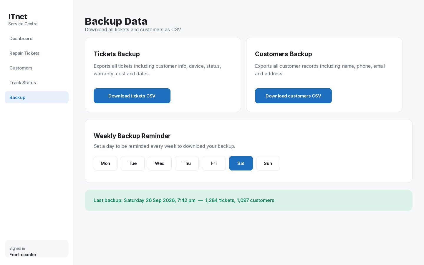 Backup screen with ticket and customer CSV downloads and a weekly reminder